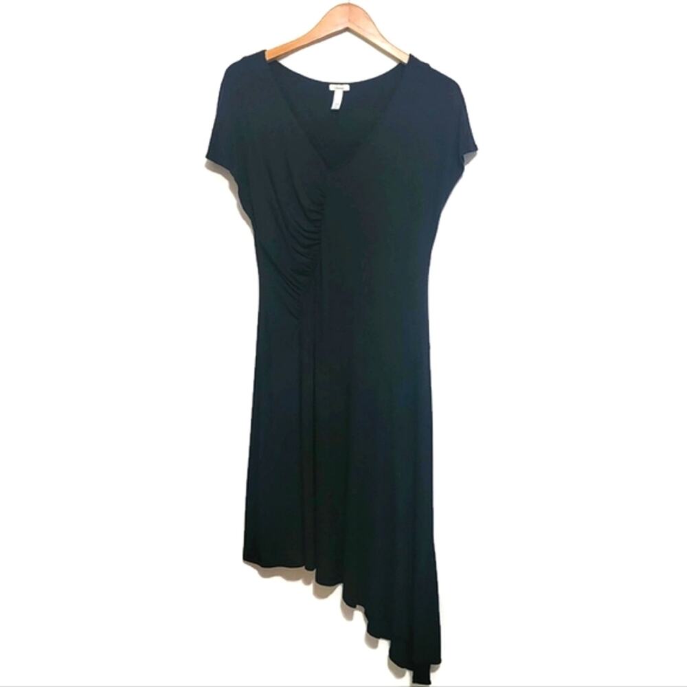 Soma Asymmetrical V Neck Dress Short Sleeve Ruching Black Midi Summer Casual M